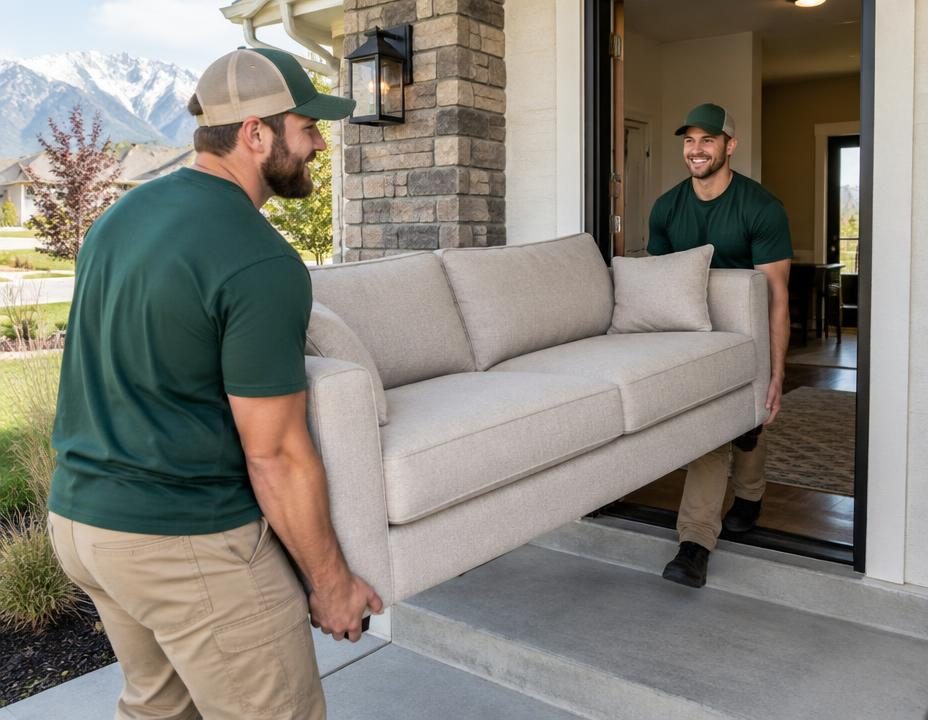 Junk removal crew carrying furniture from a Utah County home